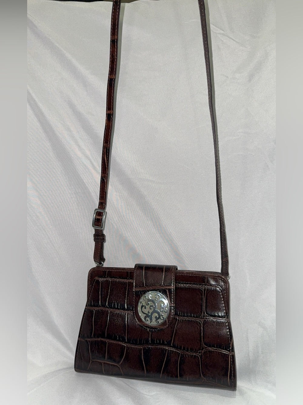Brighton Sheba Dark Brown Croc-Embossed Leather Crossbody Bag